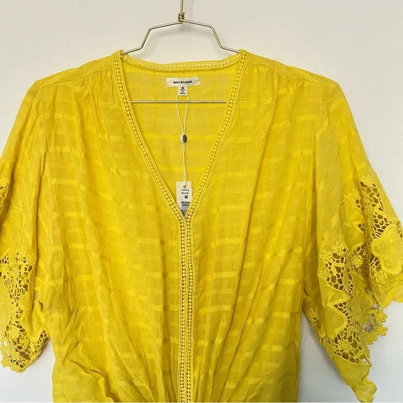 Max Studio Flounce Sleeve Top Knot Front Lace Size Medium Yellow Cotton Blend - Picture 3 of 10